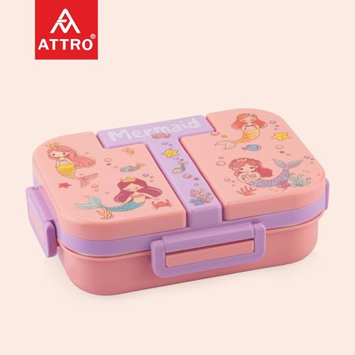 Image of ATTRO Tangy Bite Stainless Steel Lunch Box - 3 Compartment Bento Tiffin, Leak-Proof & Durable, Plastic Spoon, Ideal for Kids, School, Picnic- Peach- 600ml-Mermaid Theme