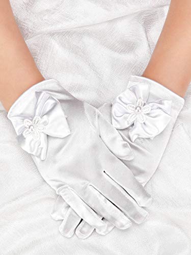 Chuangdi White Short Princess Lace Gloves First Communion Satin Gloves with Bow Tie for Girls Women Wedding Faux Pearl Decoration Party(Satin Type, White)4