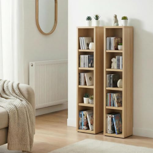 IDIMEX Etagères modulables Musique pour CD et DVD, Lot de 2 Meubles de Rangement en Colonne avec 10 Compartiments, en mélaminé décor chêne Sonoma