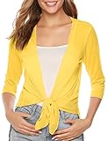 Aiboria Womens 3/4 Sleeve Sheer Mesh Shrug Tie Front Cropped Bolero Cardigan Yellow Medium