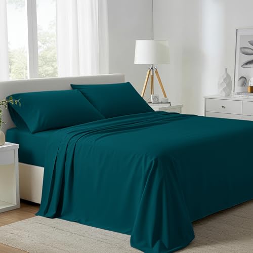 Carressa Linen 100% Egyptian Cotton Full Size Bed Sheets Set - 800 Series Tulips Collection Egyptian Cotton Sheets Full Size (4 PC, Teal), 16" Deep Pocket Sateen Weave Luxury Bed Sheet