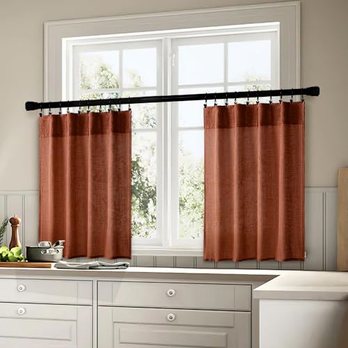 MIULEE Burnt Orange Kitchen Curtains 36 Inch Length 2 Panels, Soft Thick Linen Textured Semi Sheer Light Filtering Short Cafe Tier Curtains for Small Half Window Back Tab Rod Pocket Fall Boho Decor
