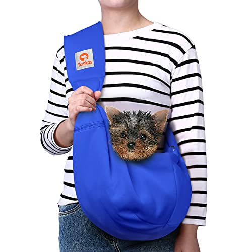 Image of Tomkas Small Dog Cat Sling Carrier Puppy Purse Travel Wrap Soft Crossbody Pet Bag (Royal Blue, M - Zip Pocket & Adjust Strap)