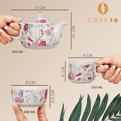 Image of CRAF10 Ceramic Handcrafted Blossom Breeze Small Tea Set - 1 Kettle (350 ML), 2 Cups (160 ML), 1 Bowl (for Sugar or Snacks), 1 Tray | Microwave & Dishwasher Safe | Teapot | Gifting Option