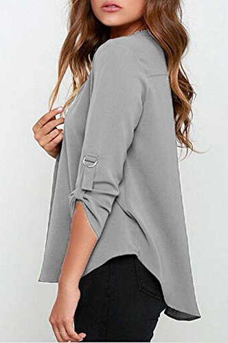 roswear Women's Casual V Neck Cuffed Sleeves Solid Chiffon Blouse Top Grey Large