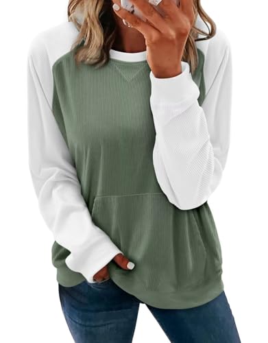 KISSMODA Women's Casual Long Sleeve Sweatshirt Color Block/Solid Crewneck Corduroy Pullover Cute Tops