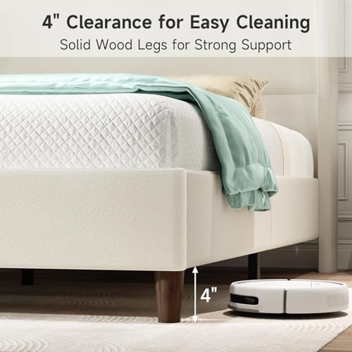 Image of Yaak King Size Bed Frame Upholstered, Platform Bed Tall Headboard 52 inch, Modern Nailhead Trim Headboard Wingback, No Box Spring Needed, Wood Slats Support, Easy Assembly, Cream