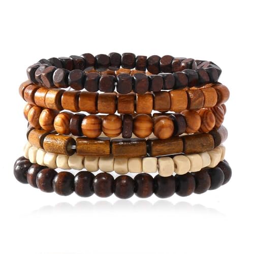 DATOA Multilayer Wooden Beaded Bracelet for Men Women Handmade Elastic Bracelet, 7, Wood, no gemstone