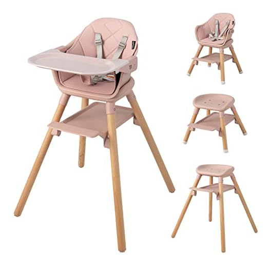 BABY JOY Baby High Chair, 6 in 1 Convertible Wooden High Chair for Babies & Toddlers with Adjustable Legs, Double Removable Tray, Safety Harness & Waterproof PU Cushion (Pink)