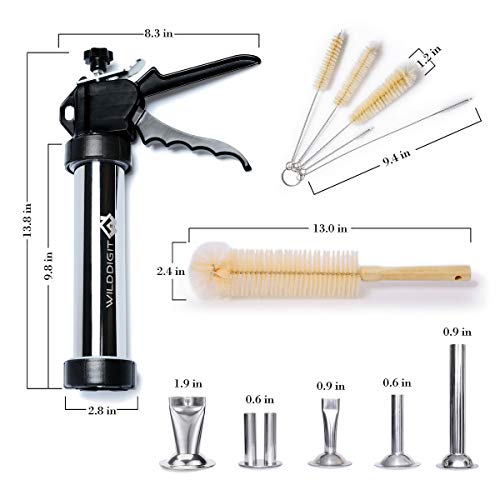 WILDDIGIT Beef Jerky Gun, Jerky Maker Gun, Easy Clean Stainless Steel Jerky Making Kits, Handheld Sausage Stuffers with 5 Pcs Beef Stick & Flat Strip Nozzles (Stainless Steel) and 6 Pcs Brushes