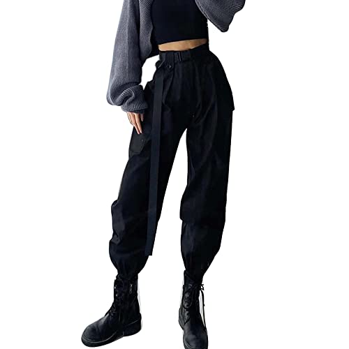 MEINVQIAOTI High Waist Solid Color Large Pocket Cargo Pants Women Loose Bundle Foot in Ribbon Black Tripp Pants