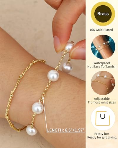 TEN MIRO Gold Pearl Bracelets for Women,16K Gold Plated Bracelets Dainty Pearls Beaded Link Chain Charm Bracelets Set Layered Non Tarnish Jewelry for Women4
