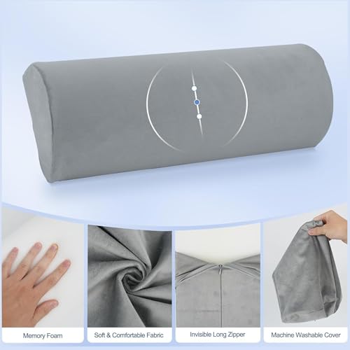 Image of CUSHIO Semi Roll Bolster Pillow | Memory Foam Half Moon Bolster Support Cushion for Neck, Back, Knees & Legs | Ergonomic Orthopedic Pillow with Soft Velvet Cover (Light Grey)