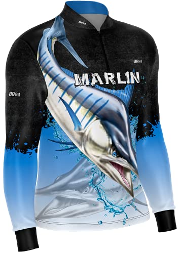 BRK Camisa de pesca masculina manga longa azul Marlin FPS 30 proteção solar P