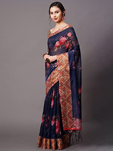Image of AKHILAM Women's Ikat Linen Saree With Blouse Piece