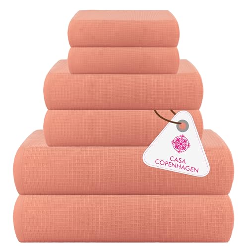 Image of Casa Copenhagen, Egyptian Cotton - Waffle Terry Towel 6 Piece Set, Includes 2 Bath Towels 2 Hand Towels 2 Washcloths - Malibu Peach