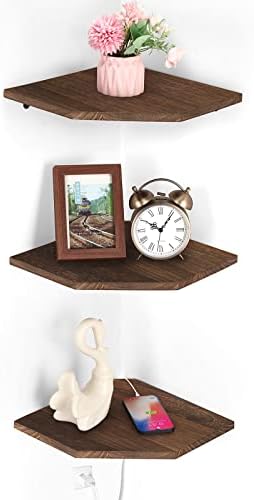 Corner Floating Shelves Set of 3, Wall Mounted Floating Corner Shelf, Rustic Wood Wall Storage Display Shelves for Living Room Bedroom Bathroom Kitchen,Corner Floating Shelves for Wall (Rustic Brown)