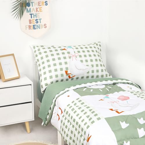 Image of Toddler Bedding Set for Boys Girls 4 Pieces Green Goose, Soft Breathable Toddler Comforter Set, Checkerboard Print, Includes Reversible Comforter, Fitted Sheet and Flat Sheet, Pillowcase