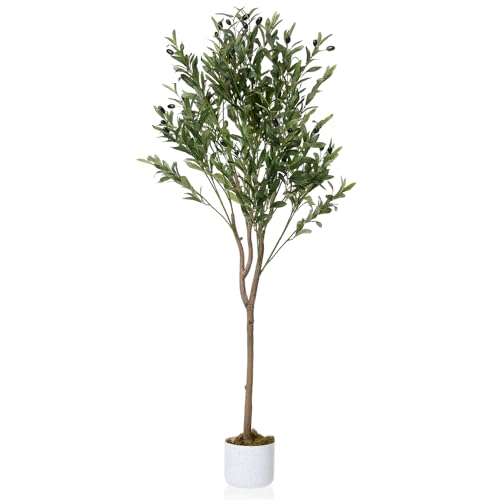 GAOMON Olive Trees Artificial,4.3 ft Faux Olive Tree with White Planter,Artificial Plants with...