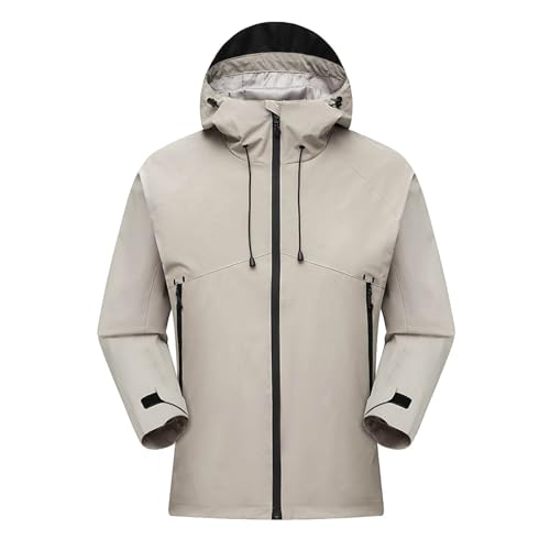 Men's Zipper Rain Jackets With Hood Casual Fashion Long Sleeve Outdoor Jacket Solid Color Waterproof Pocket Raincoat Gray XX-Large