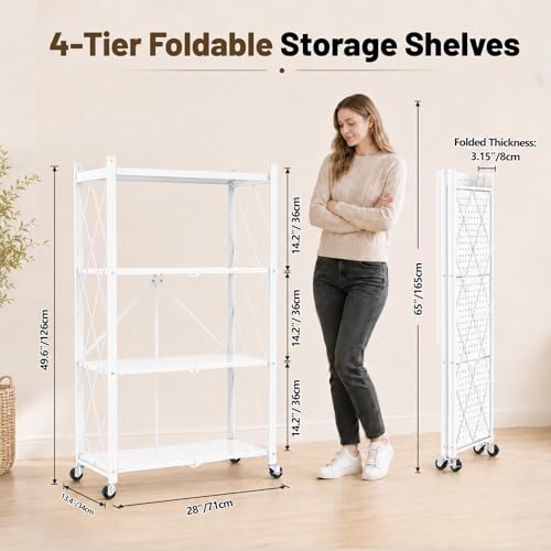 Image of 4 Tier Foldable Metal Storage Shelves on Wheels No Assembly | heavy-duty shelf unit for Kitchen, Garage, Pantry, Basement, Bookshelf, White