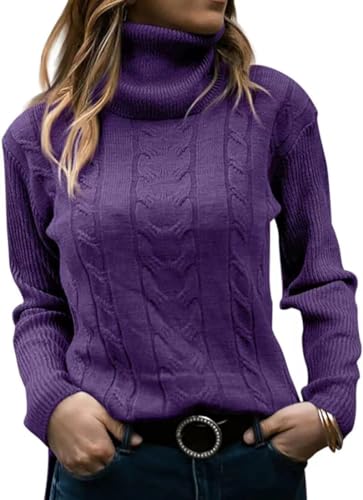 Women's Fall Turtleneck Cable Knit Sweaters Casual Oversized Winter Long Sleeve Comfy Slit Hem Pullover Jumper Tops