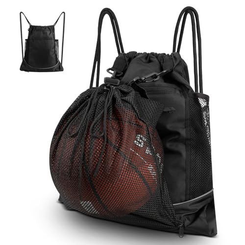 Cozary Fußballtasche mit Abnehmbarem Netztasche, Sportrucksack Herren Kinder mit Kordelzugtasche, Turnbeutel Schwarz, Basketball Rucksack Vielseitiger Sportbeutel mit Zugband für Gym Outdoor Schule