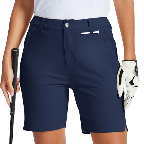 MoFiz Womens 7 Golf Shorts UPF 50+ Water-Resistant Hiking Shorts Lightweight Outdoor Stretchy Athletic Shorts Navy Blue L