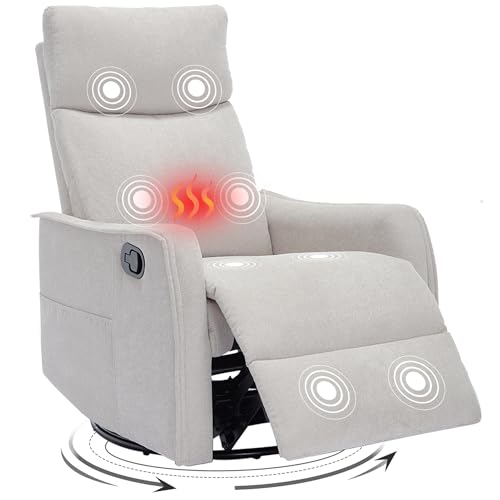 Image of Trustyue Swivel Rocker Recliner Chair, 360° Swivel Recliner with Heat and Massage, Rocker Recliner Nursery Glider Chair with Side Pockets for Living Room (Beige, Fabric)