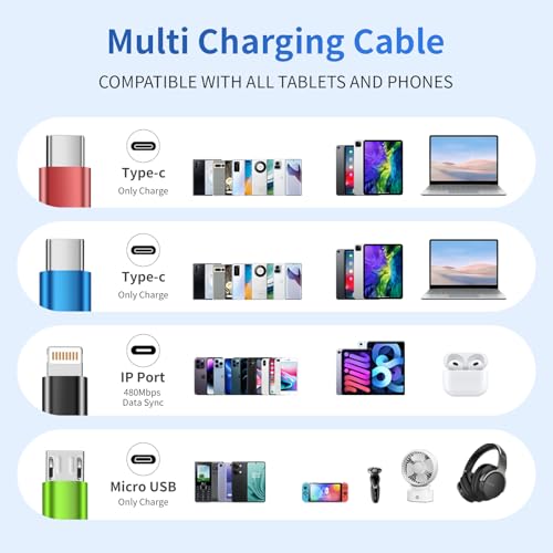 Firsting Travel Essentials Multi Charging Cable [2Pack 5FT], Car Accessories 4 in 1 Charging Cords, USB Cable Phone Charger with IP/Type C/Type C/Micro, Compatible with Most Phones/Tablets and More - Thumbnail 6