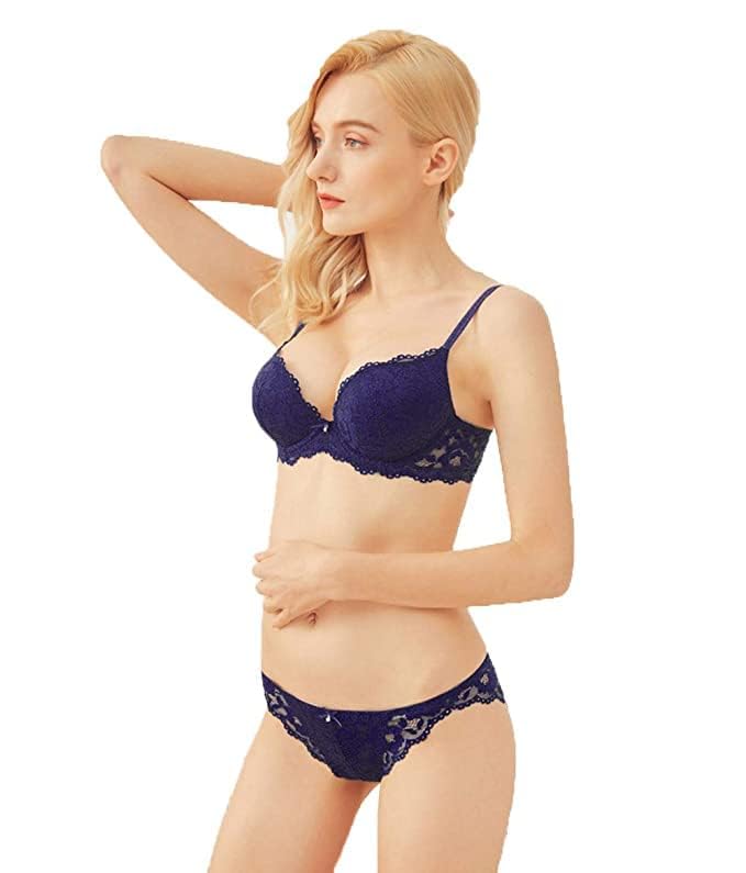 STYLIE-LINWomen's Bra Panty Set Lace Push Up Underwired Solid Lingerie Set Bikini Set for Women Lingerie Set for Women (36B, Navy Blue)