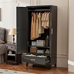 Metal Wardrobe Cabinet with Hanging Rod and Storage Drawer, 71" Tall Steel Bedroom Armoires with 2 Door and Adjustable Shelf, Farmhouse Closet Storage Cabinets - Image 5