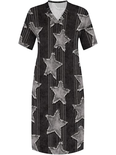 Image of SUZONANA Plus Size Denim Print Maxi Dresses for Women Casual V Neck Short Sleeve with Pockets Soft Jean Look Dress XL-6XL