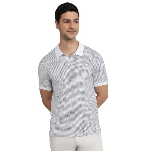 Image of Raymond Men Modern Fit Print Pattern Pure Cotton Polo Neck Half Sleeve Casual T-Shirt