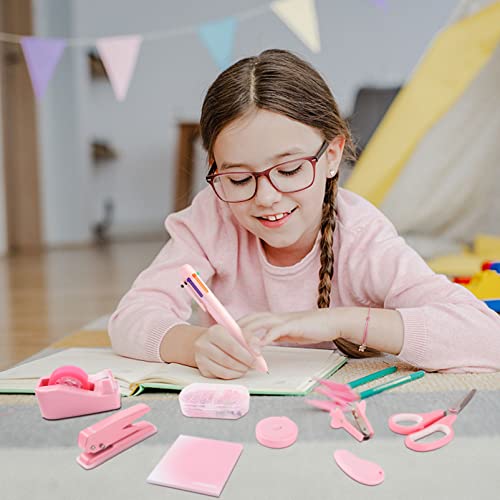 Pink Desk Accessory Kit Cute Office Supplies Set Desktop Stapler Set Includes Staple Remover Hole Punch Tape Dispenser Ballpoint Pen Scissor Mini Box Cutter Tape Measure Paper Clips Sticky Notes #TOP4