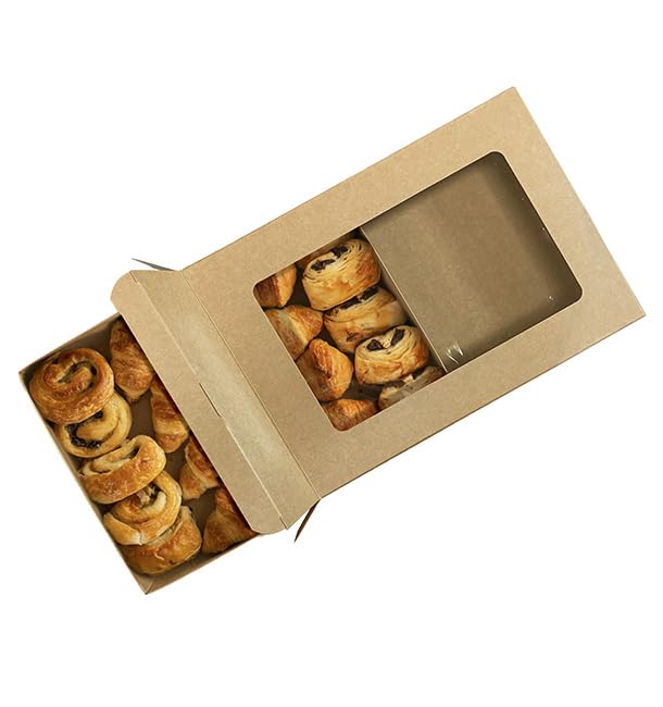 50 Bandeja de Cartón Kraft para Caja con Ventana 33×23 cm | Cartón Antigrasa y Altas Temperaturas | Ideal para Take Away, Panadería y Catering | Pack de 50 Unidades
