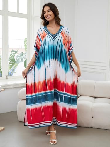 Image of IMAGEKOPE Women's Plus Size Loose Fit Moroccan Print V-Neck Batwing Kaftan Beach Dress Bathing Suit Cover Up