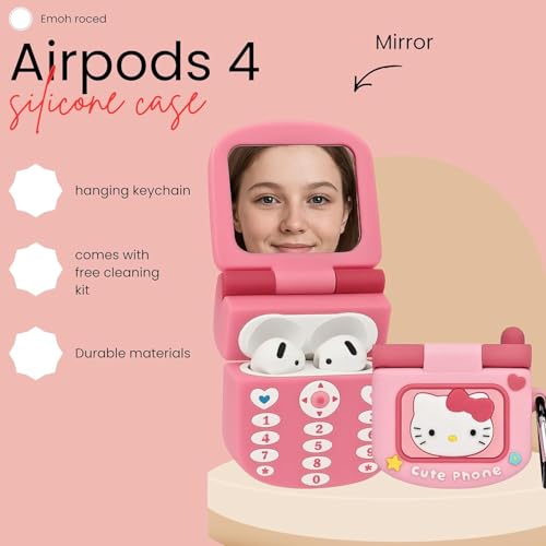 Image of Emoh Roced Case for AirPodS 4 (2024) with Keychain (ANC), Cute Cartoon Shockproof Protective Cover Compatible with Apple AirPods 4th Generation 2024 for Women and Boys (Mirror)