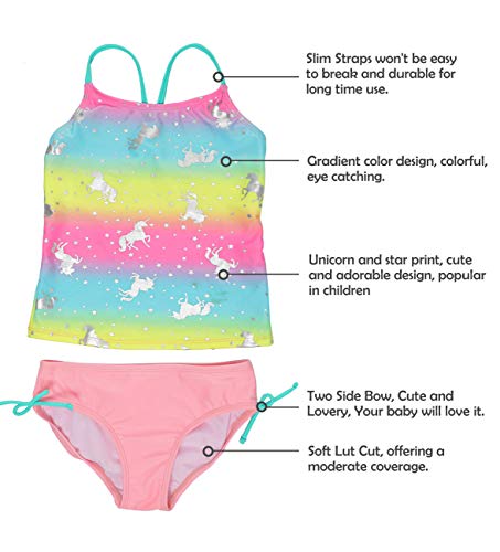 Image of DUSISHIDAN Kid's Girls Swimsuits Cute Rainbow Unicorn Two Piece Tankini Sets Bathing Suits