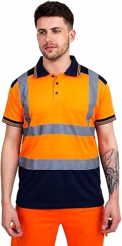 Image of Hi Vis Polo Shirt for Men – Reflective Short Sleeve Safety Workwear T-Shirt, High Visibility Two Tone Breathable Work Top for Construction, Warehouse, Security & Industrial Use, Orange/Navy-L