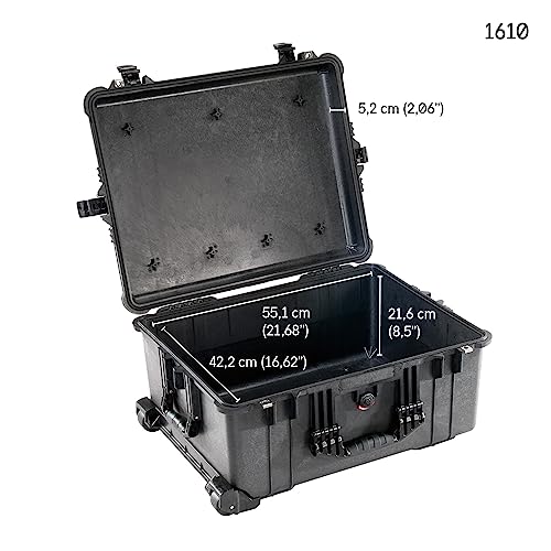 PELI 1610 Maleta técnica estanca con ruedas para el transporte de equipos fotográfico y drones, IP67 estanca e impermeable al polvo, 62L de capacidad, fabricada en Alemania, sin espuma, color negro - imagen 9