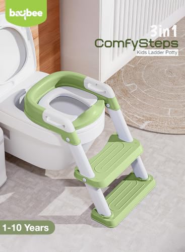 Image of Baybee Western Potty Seat for Kids | Baby Toilet Seat Chair with Ladder, Adjustable Step Height & Cushion Seat | Portable Potty Training Seat for 1-8 Years Child Boys Girls (Green)