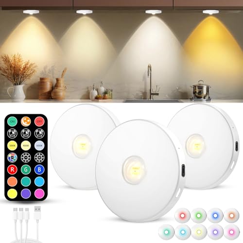 Puck Lights with Remote, 2000mAH Battery Operated, Rechargeable Shelf Light, Wireless,Color Changing Magnetic Light, Display Curio Cabinet,Bookcase,Under Cabinet Lighting (White, 3PACK)