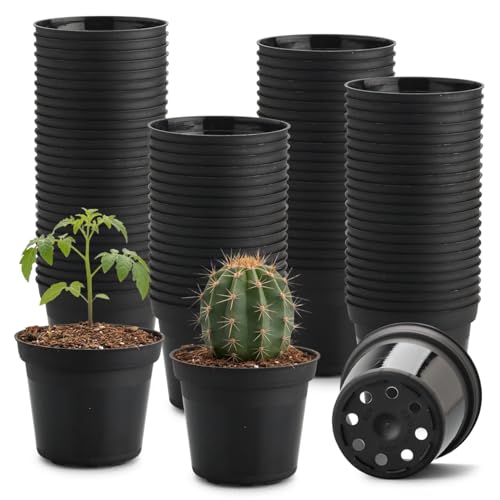 RooTrimmer 3 Inch Plastic Nursery Pot with Drainage Raised Base - Black Flexible Planters for Seedlings 100 Pack Durable & Lightweight for Indoor/Outdoor Gardening