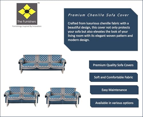 Image of Premium Chenille Woven Anti-Slip 7 Seater Sofa Cover with Arm Rest | L-Shape Sofa Seat Protector for Living Room | Durable & Stylish Slipcover - Turquoise - Floral