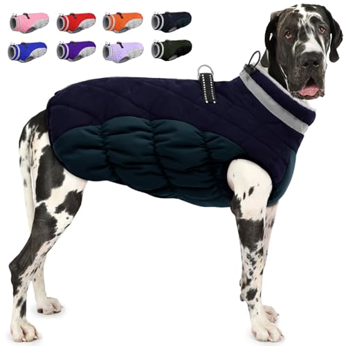 Image of AOFITEE Dog Coat, Warm Dog Winter Coat for Large Dogs, Reflective Turtleneck Dogs Jacket with Harness Built in, Waterproof Windproof Pet Puffer Jacket Fleece Vest for Cold Weather, Navy XXXL