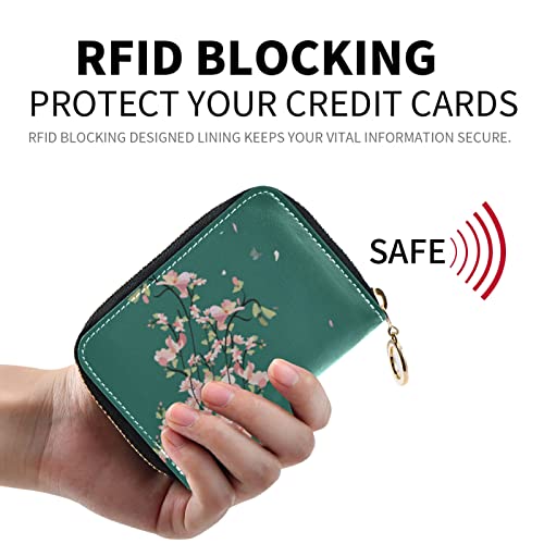 OTVEE Blossom Cherry Tree Branches Green RFID Credit Card Wallet, Microfiber Leather Zipper Card Case Holder for Wo2