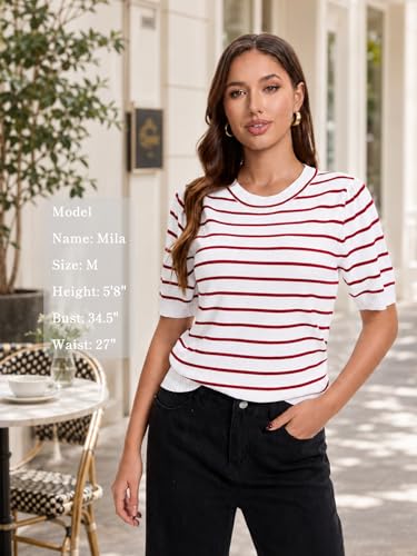 Image of Women Striped Short Sleeve Sweater Crew Neck Knit Top Pullover