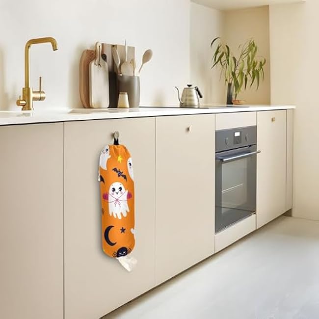 xigua Halloween Ghosts Plastic Bag Holder Wall Mount with Drawstring 1 Pack, Reusable Grocery Bag Organizer Decor for Bags, Socks, Underwear, And Neckties