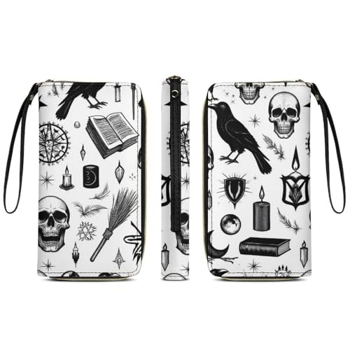 Fashion Decor Wallet, Long PU Zipper Wallet, Travel Purse Fashion Design, Huge Storage Capacity Purse With Rope Gothic Trippy Moon Skull Dark Black Cat Witch Magic Spirit Board3
